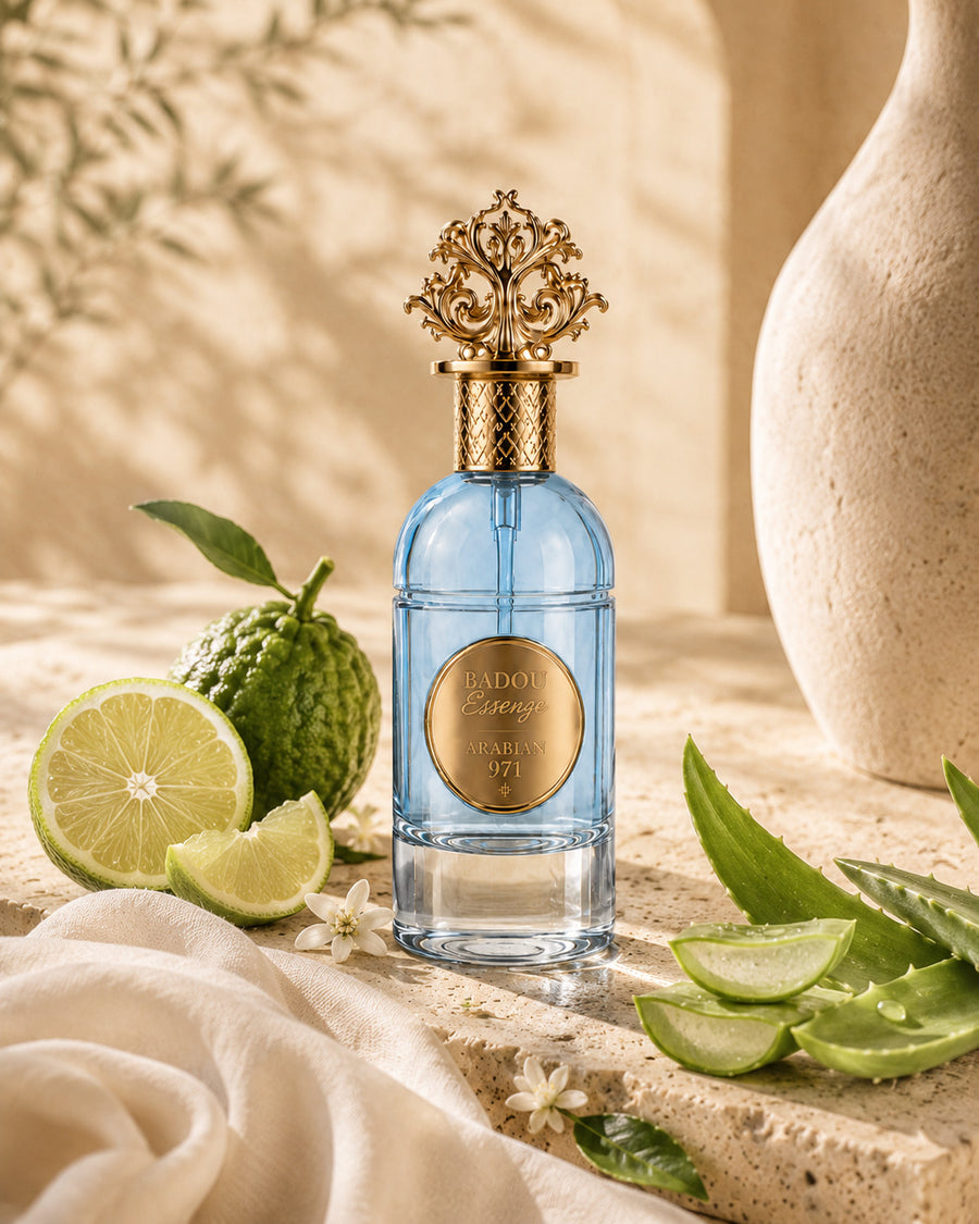 Badou Essence fra bergamotto, lime e foglie di aloe su una lastra di travertino.
