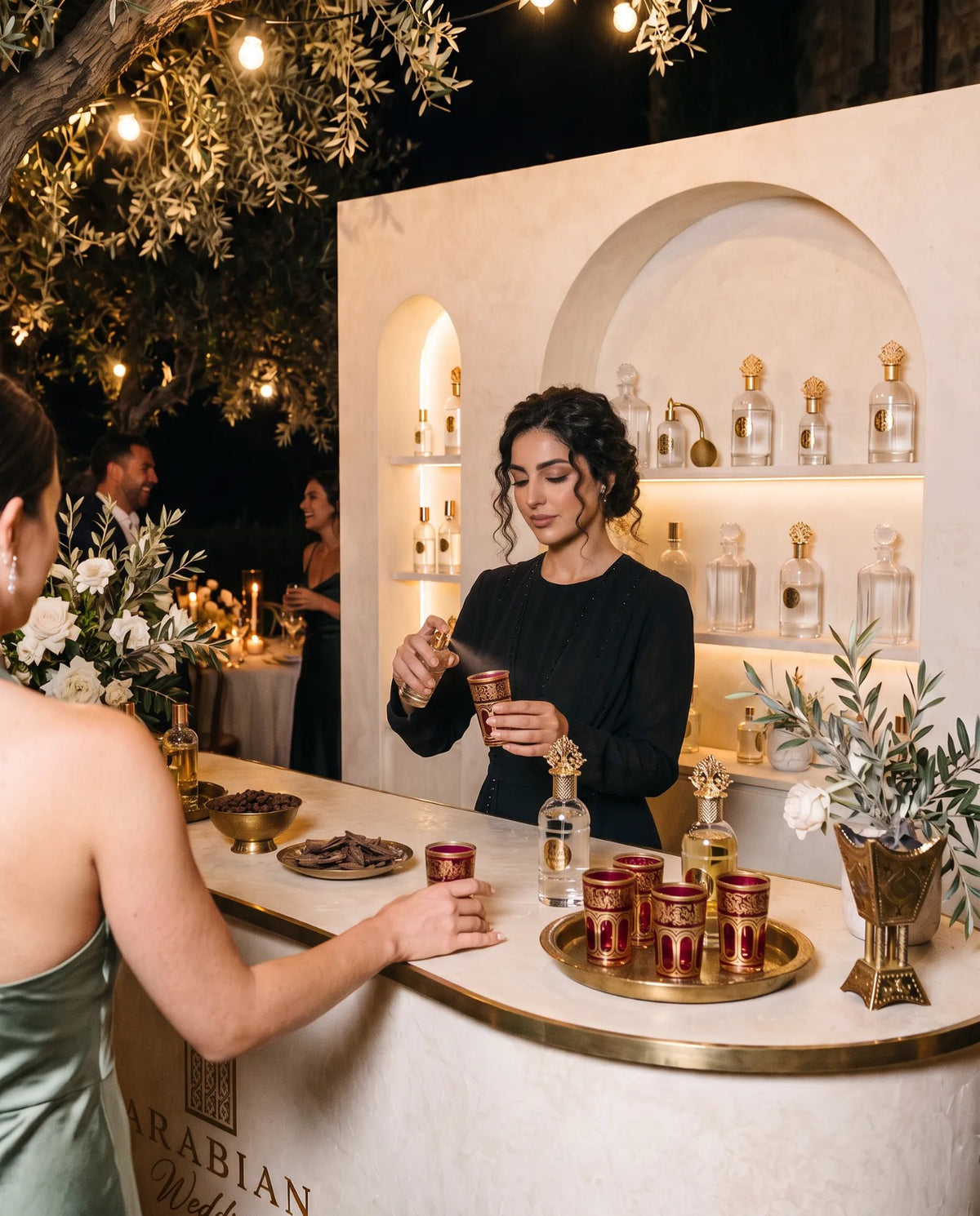 La profumiera spruzza una fragranza per un'ospite al bancone del Parfum Bar