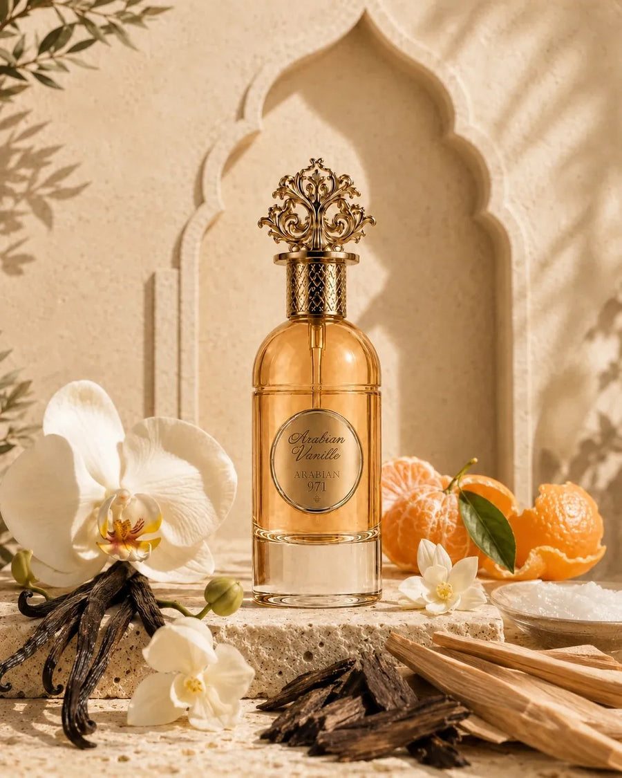 Arabian Vanille fra orchidea bianca, baccelli di vaniglia, mandarino e legno di sandalo.