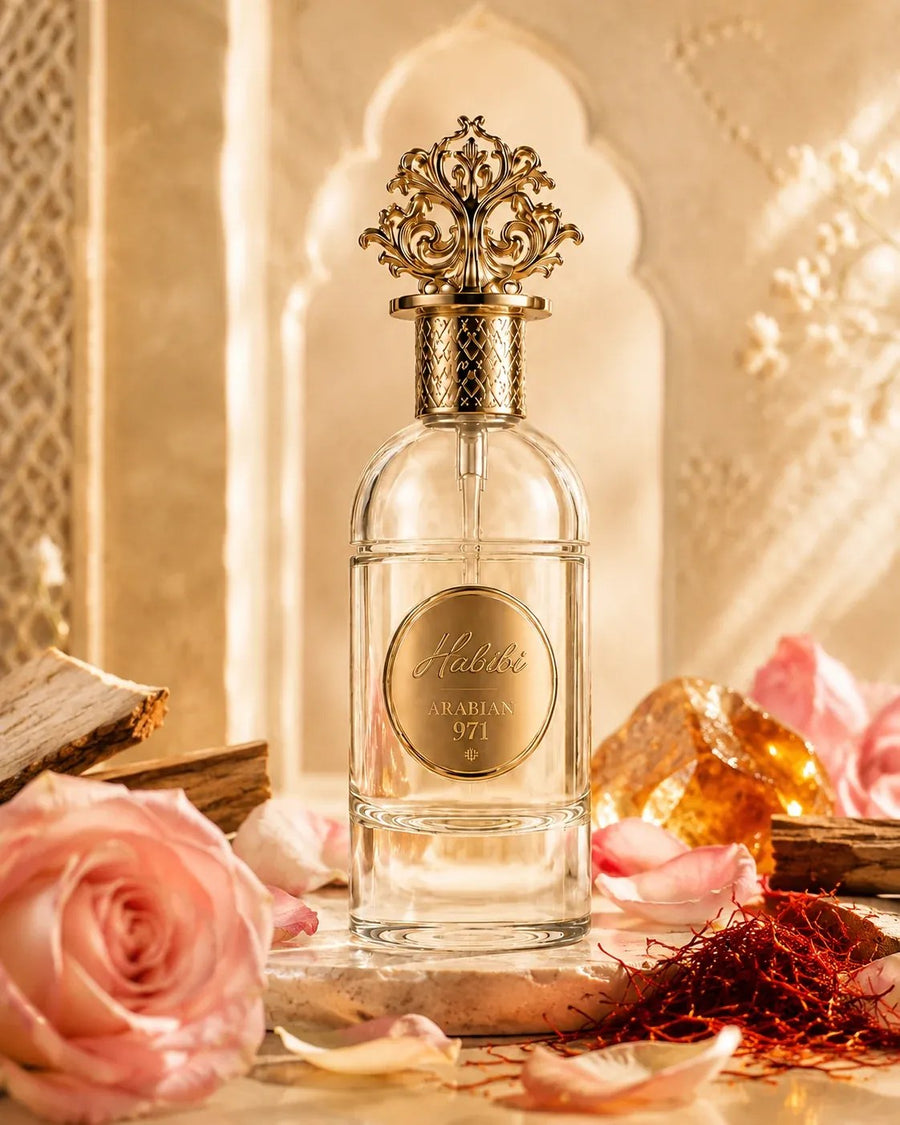 Habibi con rose rosa, petali, zafferano, legno e ambra su pietra rosata.