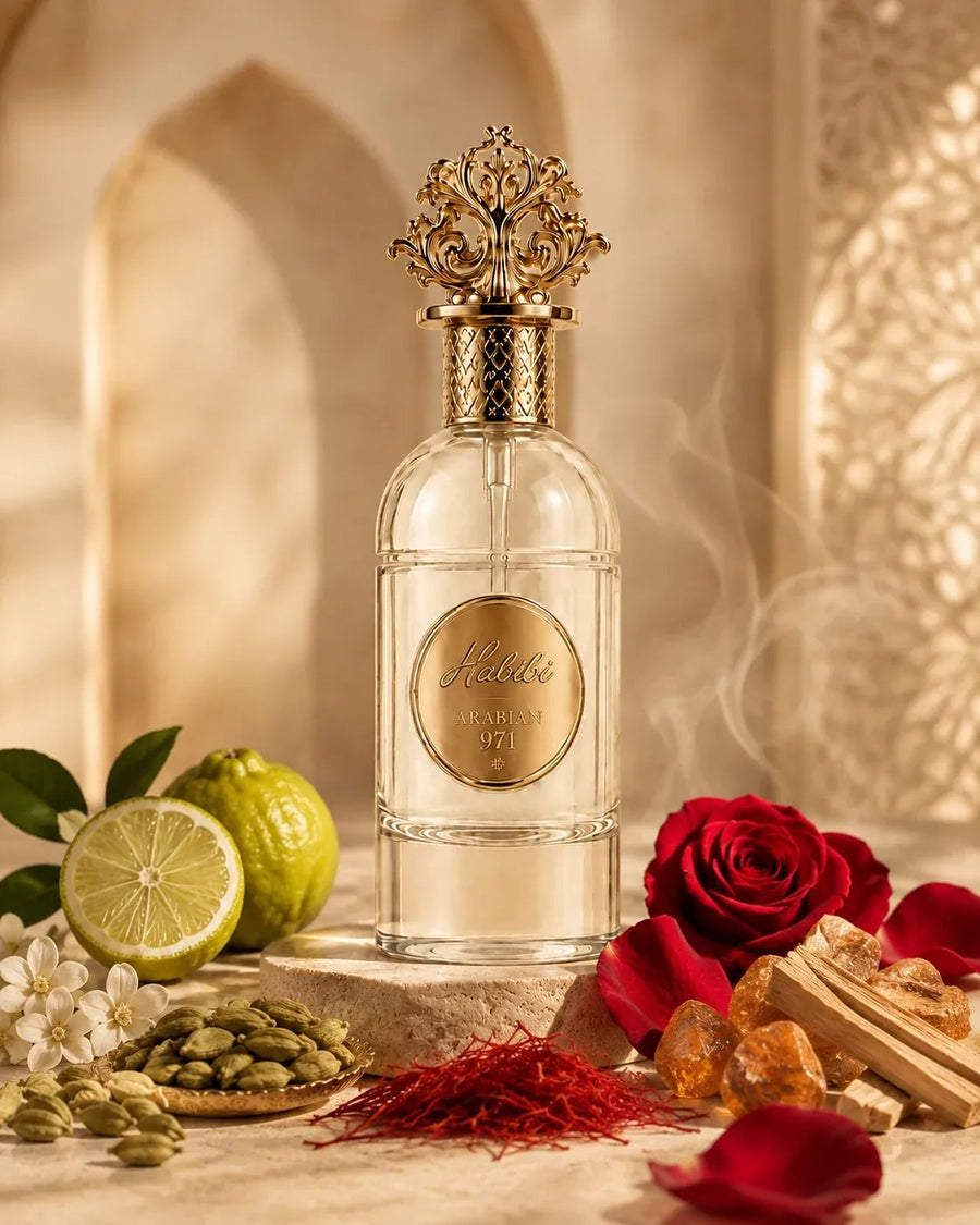 Habibi fra bergamotto, rosa rossa, cardamomo, zafferano, legno e resina d'ambra.