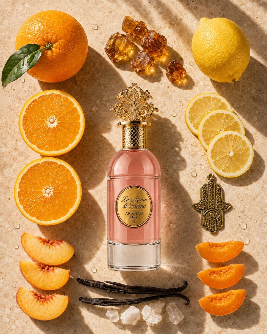 La Mano di Fatima dall'alto, fra arance, limoni, pesche, vaniglia e ambra.