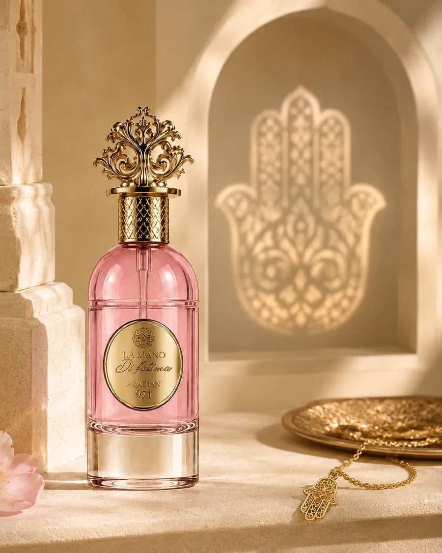 La Mano di Fatima davanti all'ombra di una mano di Fatima, con un ciondolo dorato.