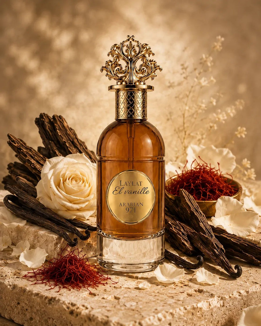 Laylat El Vanille fra baccelli di vaniglia, rosa bianca, zafferano e legno di oud.