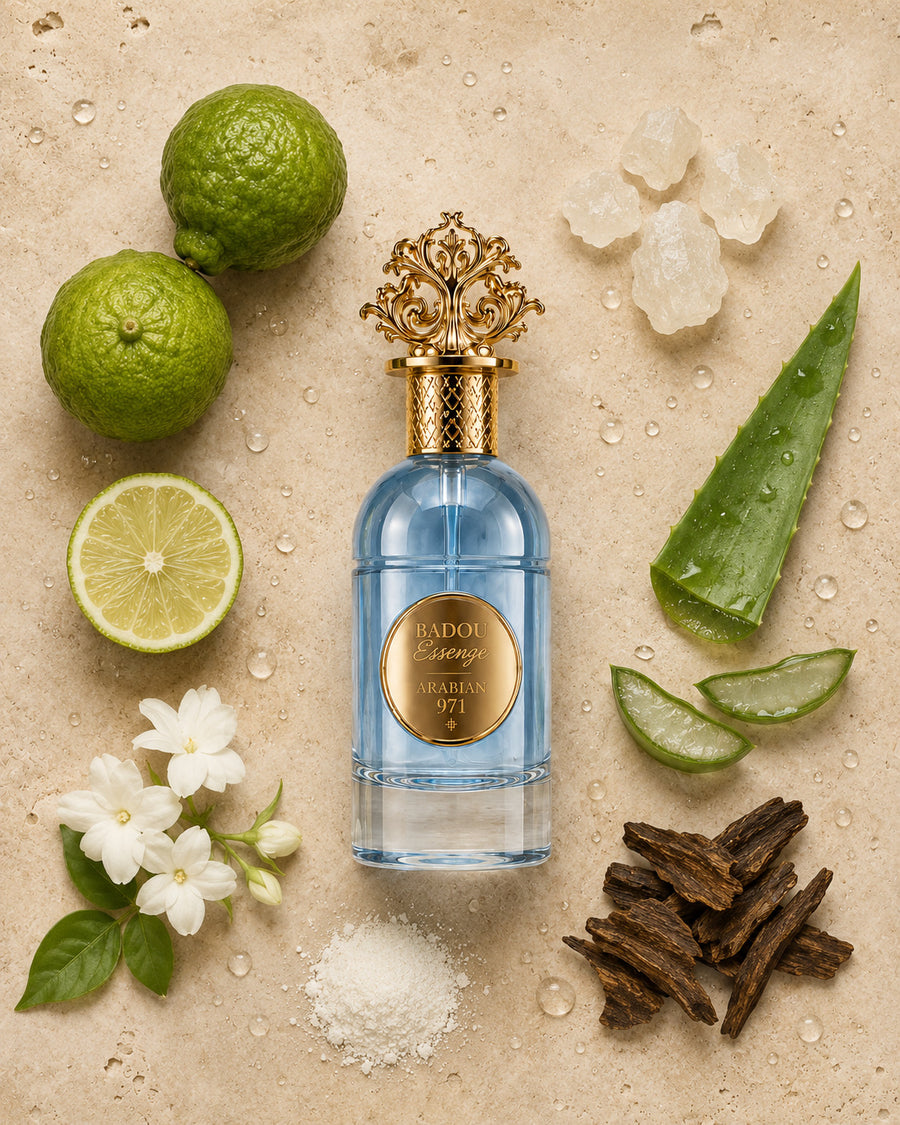 Le materie di Badou Essence viste dall'alto: agrumi, gelsomino, aloe, muschio bianco e oud.