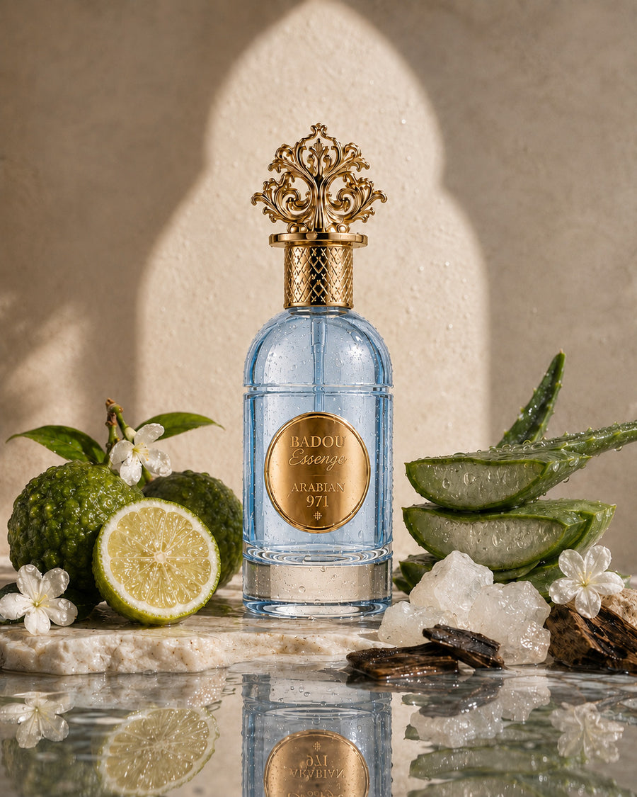 Badou Essence riflesso sull'acqua, fra bergamotto, aloe, cristalli e schegge di oud.