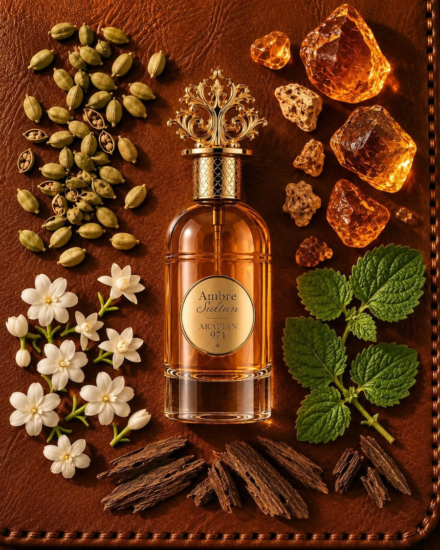 Ambre Sultan dall'alto su cuoio, fra cardamomo, ambra, gelsomino, menta e legno di oud.