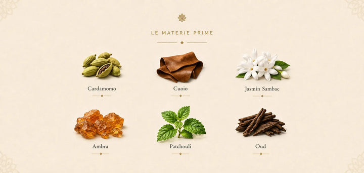 Le materie prime di Ambre Sultan: Cardamomo · Cuoio · Jasmin Sambac · Ambra · Patchouli · Oud.