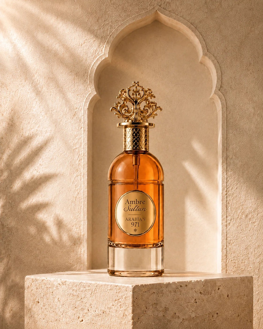 Ambre Sultan nella nicchia ad arco, su un blocco di travertino.