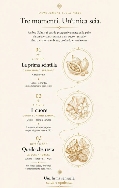 L'evoluzione di Ambre Sultan sulla pelle in tre momenti. Ambre Sultan si scalda progressivamente sulla pelle: da un’apertura speziata a un cuore sensuale, fino a una scia ambrata, profonda e persistente. 01, 0–30 min, la prima scintilla: cardamomo speziato. Cardamomo. Caldo, vibrante, immediatamente seducente. 02, 1–4 ore, il cuore: cuoio e jasmin sambac. Cuoio · Jasmin Sambac. La composizione acquista corpo, eleganza e sensualità. 03, oltre 6 ore, quello che resta: la scia ambrata. Ambra · Patchouli · Oud. Un fondo caldo, profondo e intensamente persistente. Una firma sensuale, calda e opulenta.