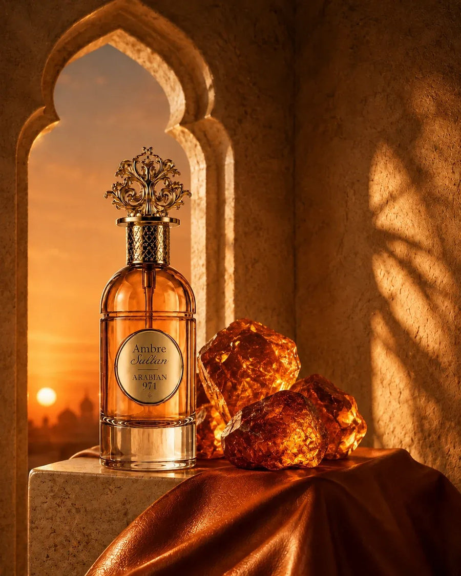 Ambre Sultan davanti a un arco al tramonto, fra resine d'ambra e seta ramata.