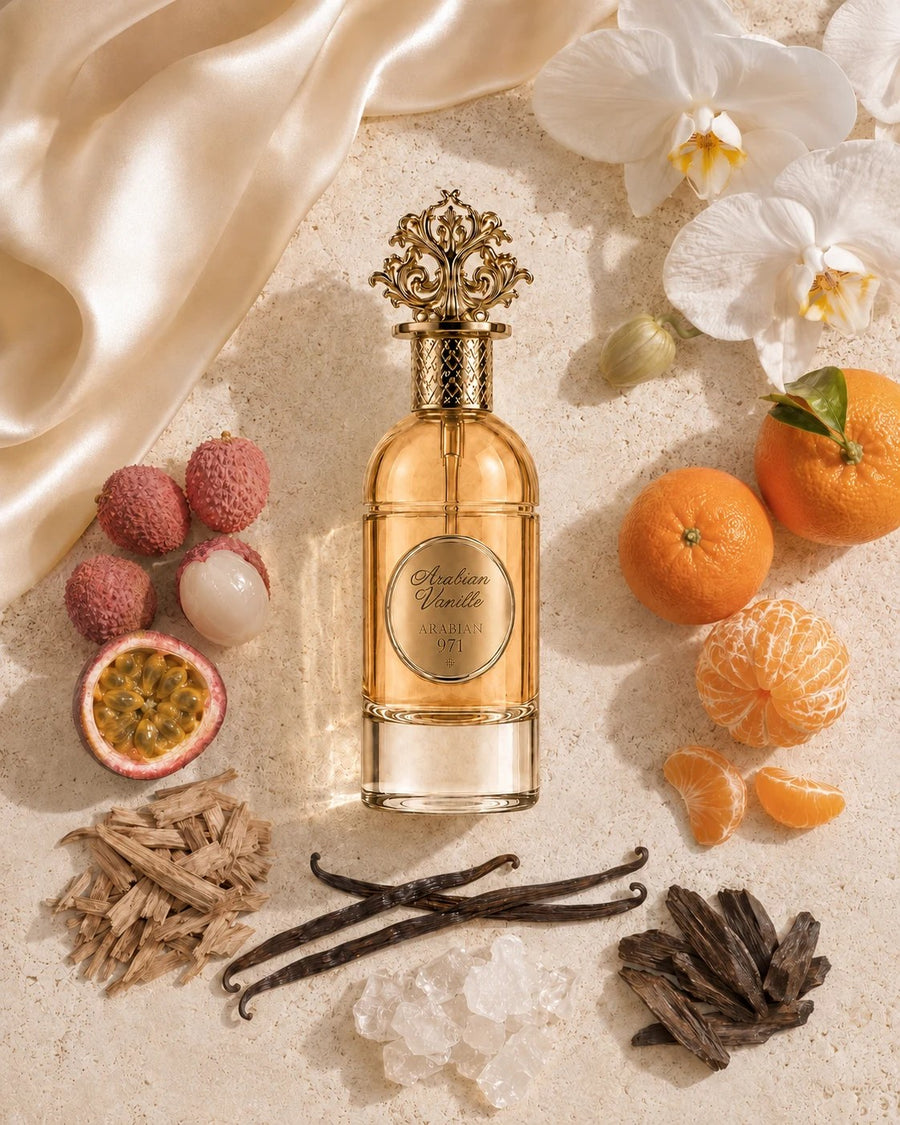 Arabian Vanille dall'alto, fra litchi, frutto della passione, mandarini, vaniglia e legno di oud.