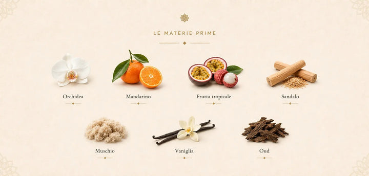 Le materie prime di Arabian Vanille: Orchidea · Mandarino · Frutta tropicale · Sandalo · Muschio · Vaniglia · Oud.