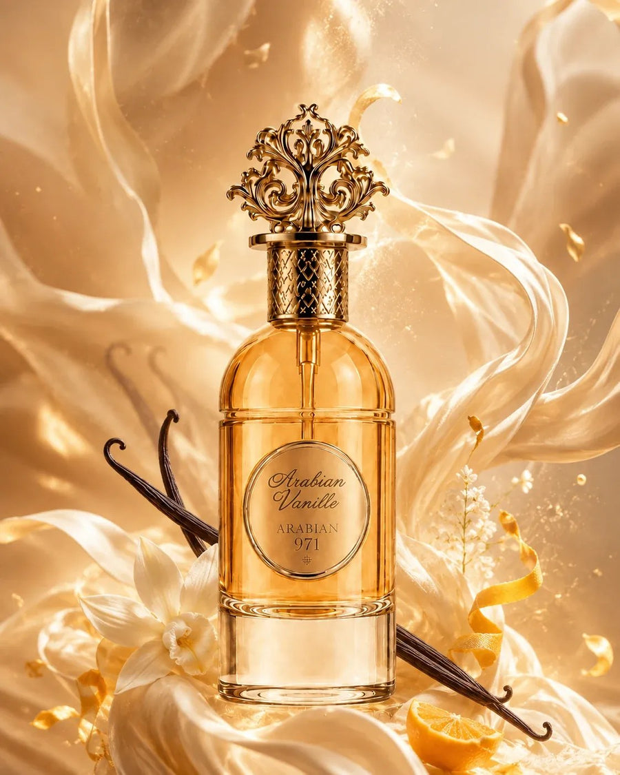 Arabian Vanille su seta dorata, con baccelli di vaniglia e scorza d'arancia.