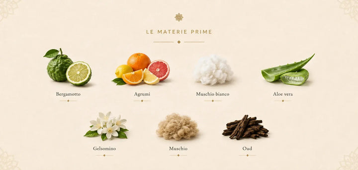 Le materie prime di Badou Essence: Bergamotto · Agrumi · Muschio bianco · Aloe vera · Gelsomino · Muschio · Oud.