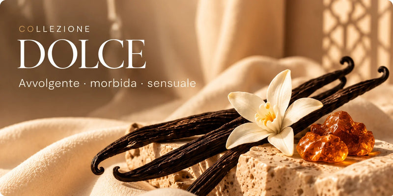 Collezione Dolce: baccelli di vaniglia, un fiore di vaniglia e resine d'ambra su travertino e tessuto avorio.