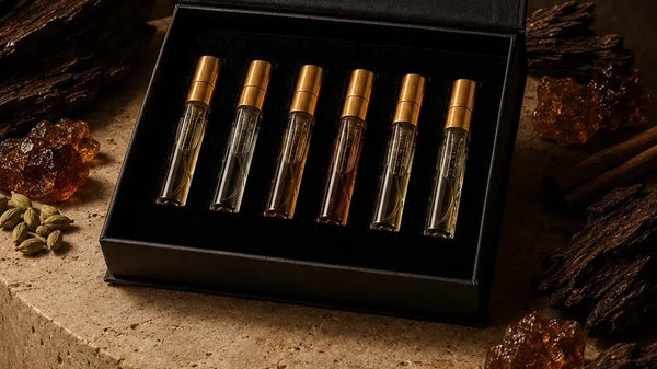I sei tester della collezione Legnosa nel cofanetto aperto, fra schegge di oud, resina d'ambra e semi di cardamomo.