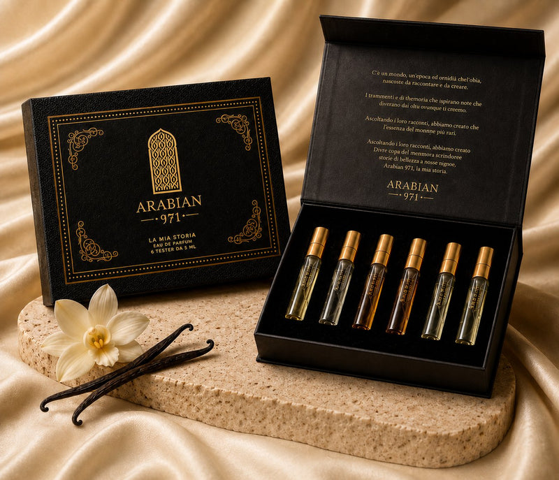 Il cofanetto Discovery Set Arabian 971 aperto sui sei tester, accanto alla scatola chiusa, su seta champagne