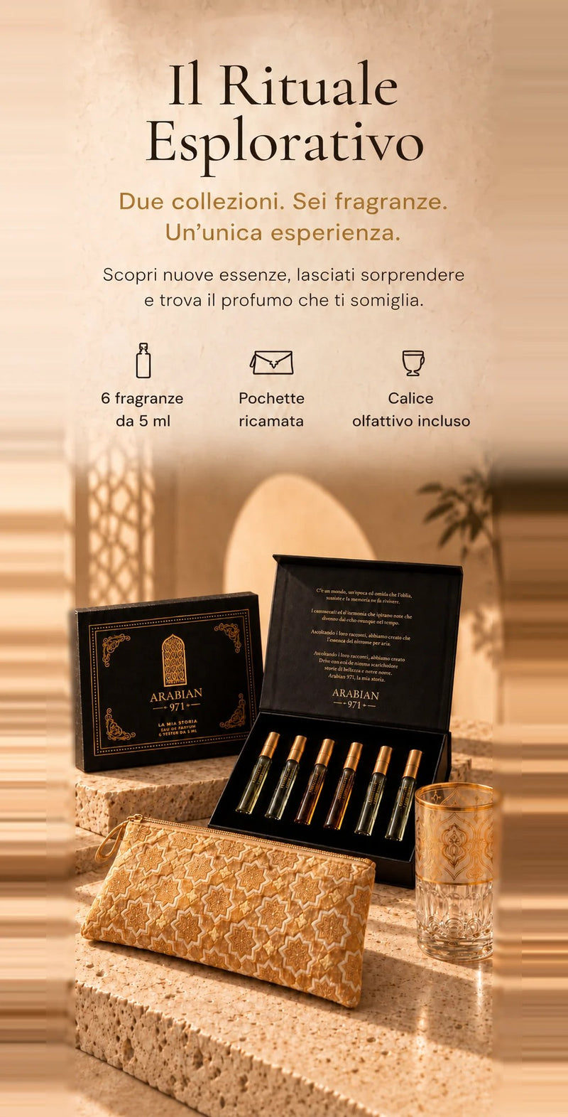Il Rituale Esplorativo. Due collezioni, sei fragranze, un'unica esperienza: sei fragranze da 5 ml, pochette ricamata e calice olfattivo incluso. Il cofanetto nero aperto con i sei tester, la pochette e il calice dorato sui gradini di travertino.