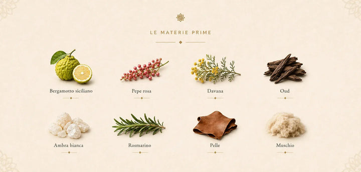 Le materie prime di Essenza di Casablanca: Bergamotto siciliano · Pepe rosa · Davana · Oud · Ambra bianca · Rosmarino · Pelle · Muschio.