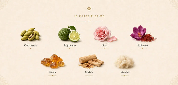 Le materie prime di Habibi: Cardamomo · Bergamotto · Rosa · Zafferano · Ambra · Sandalo · Muschio.