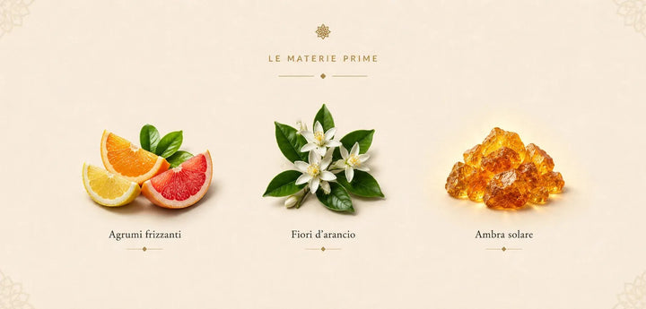 Le materie prime di La Mano di Fatima: Agrumi frizzanti · Fiori d’arancio · Ambra solare.