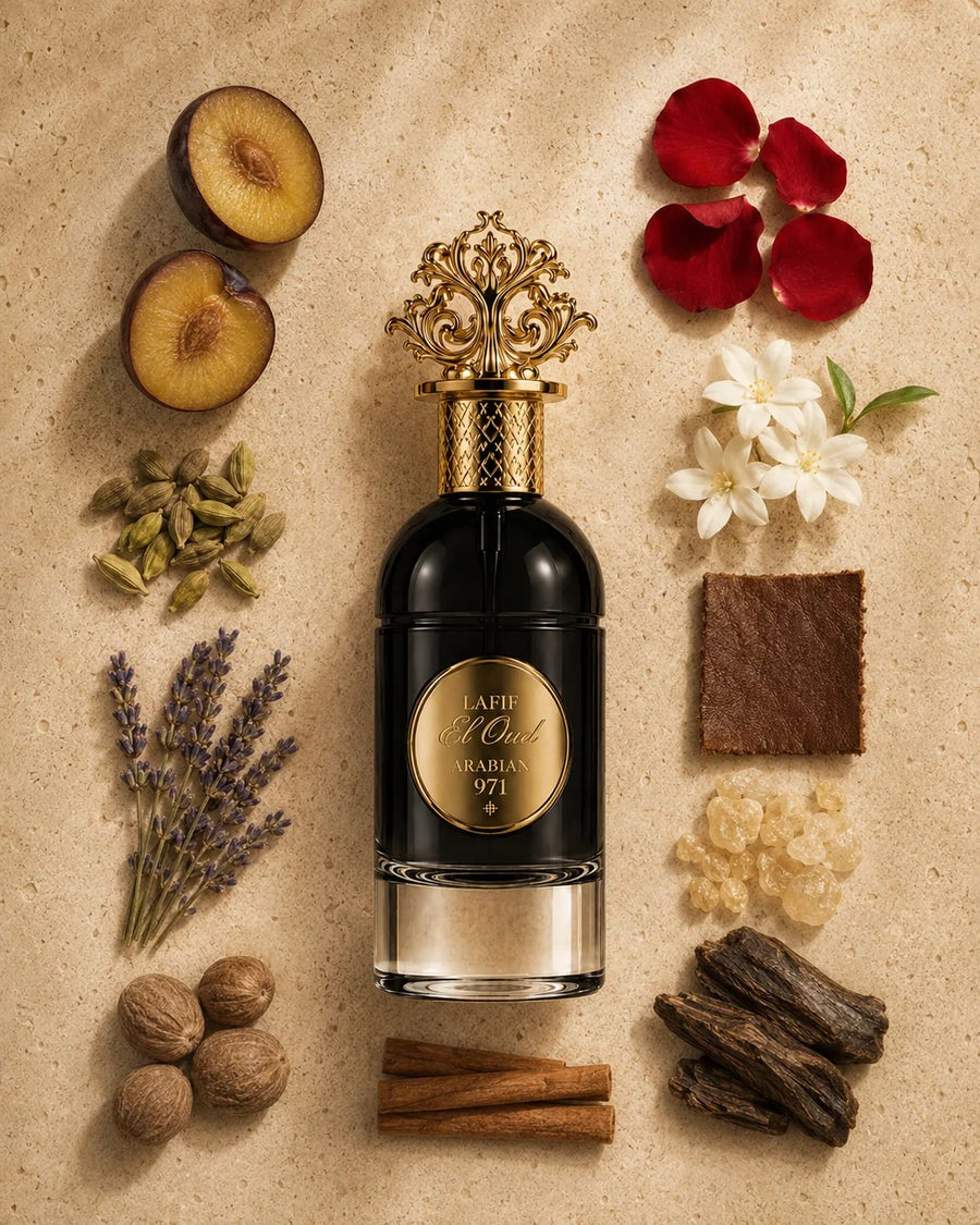 Gli ingredienti attorno al flacone: prugna, cardamomo, lavanda, noce moscata, rosa, gelsomino, resina e legno di oud