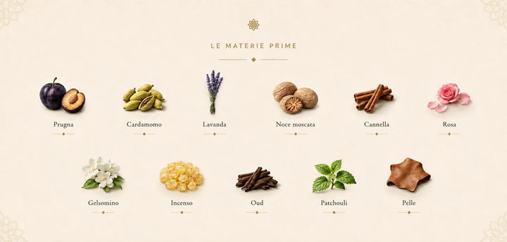 Le materie prime di Lafif El Oud, undici ingredienti: prugna, cardamomo, lavanda, noce moscata, cannella, rosa, gelsomino, incenso, oud, patchouli e pelle.
