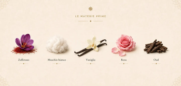 Le materie prime di Laylat El Vanille: Zafferano · Muschio bianco · Vaniglia · Rosa · Oud.