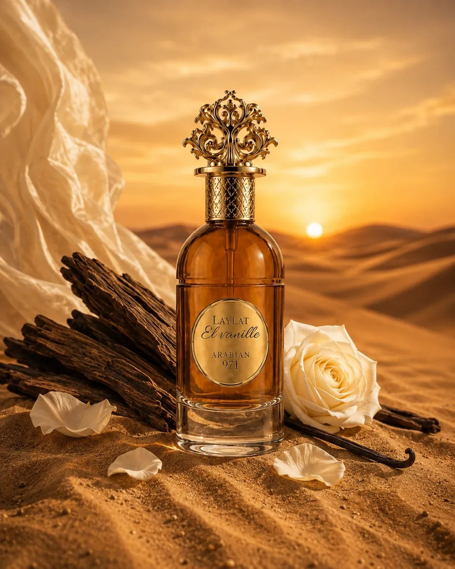 Laylat El Vanille sulla sabbia del deserto al tramonto, con legno e rosa bianca.