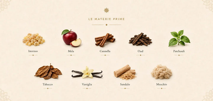 Le materie prime di Oud El Sahara: Incenso · Mela · Cannella · Oud · Patchouli · Tabacco · Vaniglia · Sandalo · Muschio.