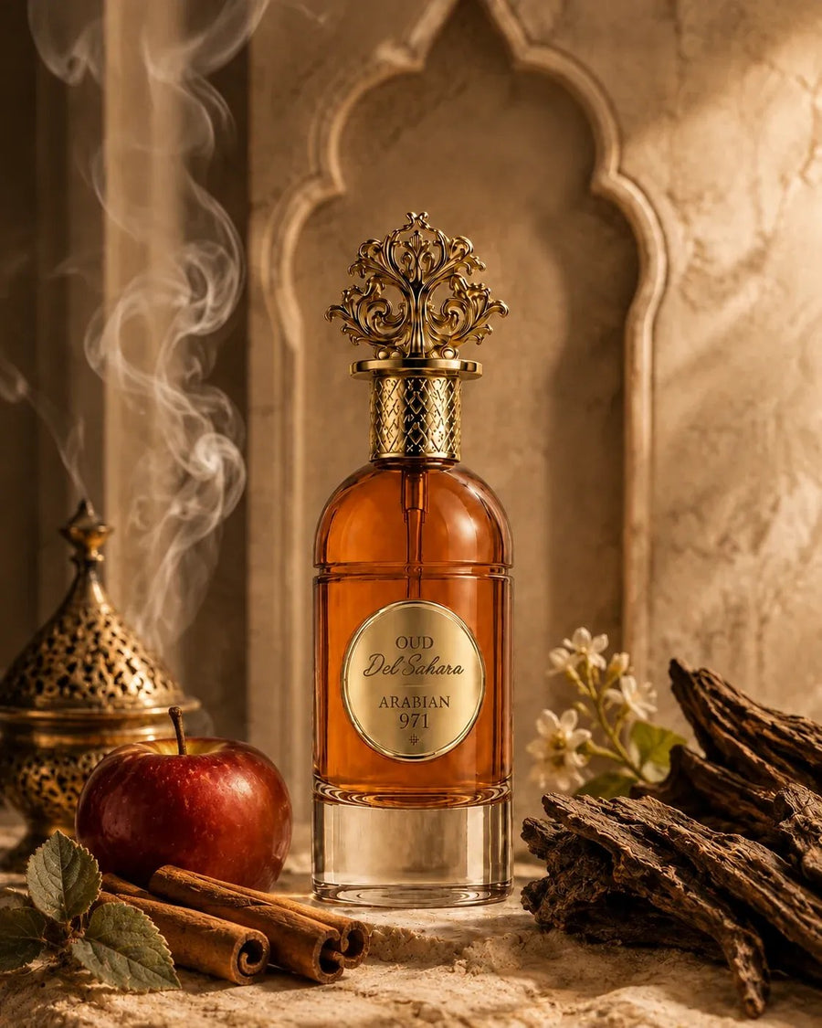 Oud El Sahara fra mela rossa, cannella, legno di oud e un incensiere acceso.
