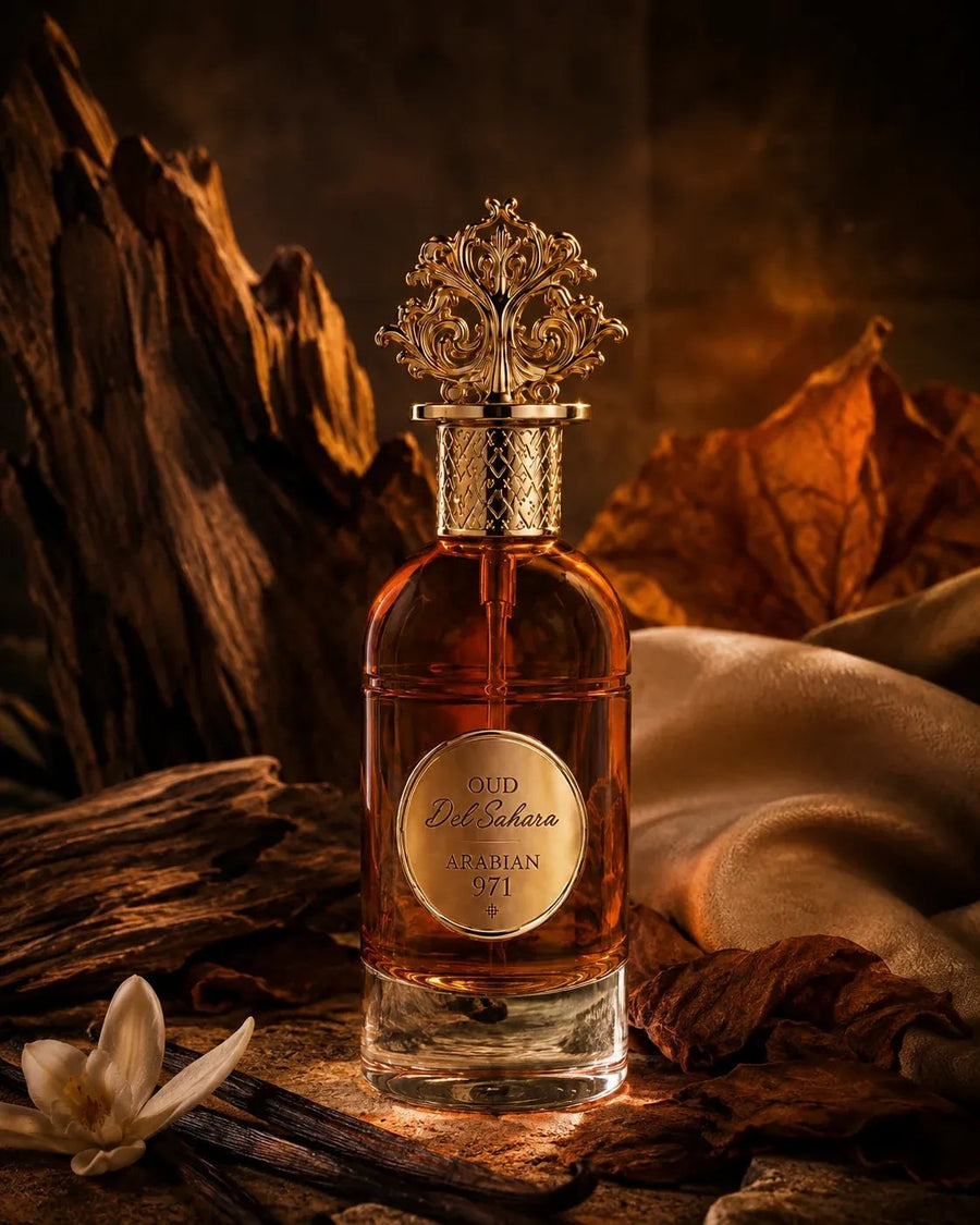 Oud El Sahara fra legno di oud, foglie di tabacco e baccelli di vaniglia.