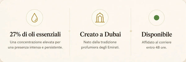 27% di oli essenziali: una concentrazione elevata per una presenza intensa e persistente. Creato a Dubai: nato dalla tradizione profumiera degli Emirati. Disponibile: affidato al corriere entro 48 ore.
