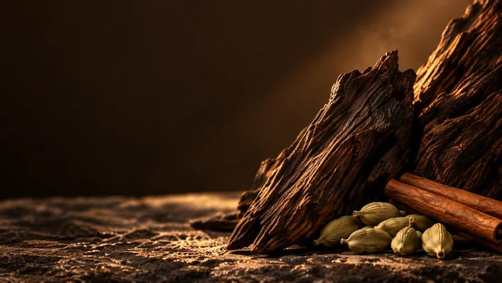 Legno d’oud, bacche di cardamomo e stecche di cannella su pietra scura.