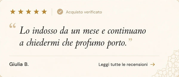 Recensione a cinque stelle su cinque, acquisto verificato. «Lo indosso da un mese e continuano a chiedermi che profumo porto.» Firmata Giulia B. La carta porta a tutte le recensioni.