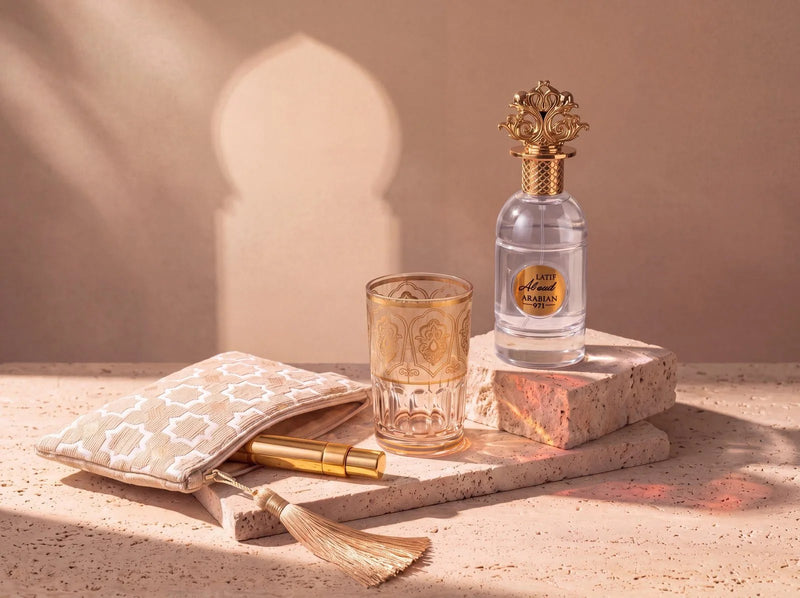 Il Rituale Arabo: la pochette ricamata, il calice olfattivo, un'essenza da viaggio e il flacone Lafif Al oud sul travertino