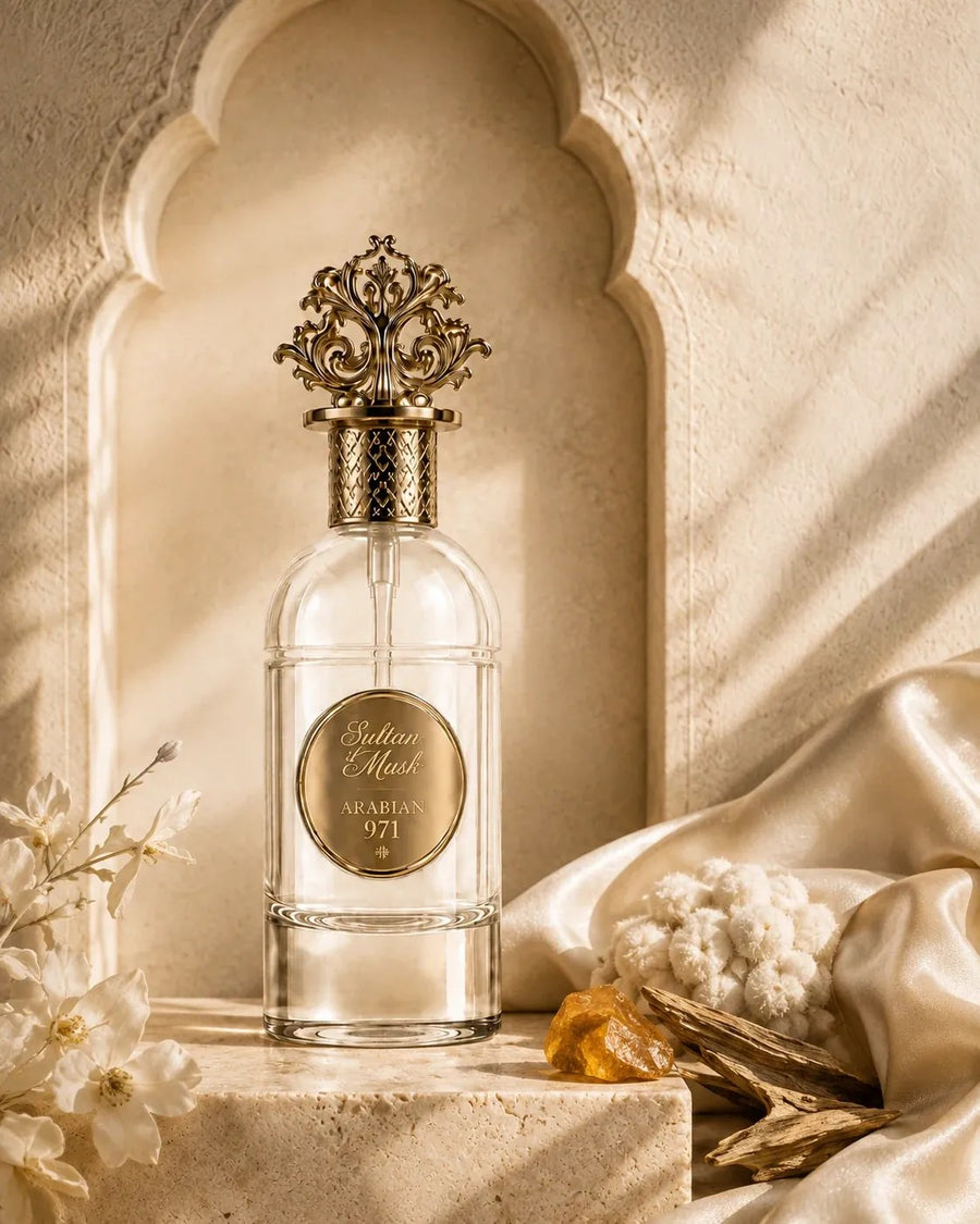 Sultan Al Musk fra fiori bianchi, resina d'ambra e legno, su seta dorata.