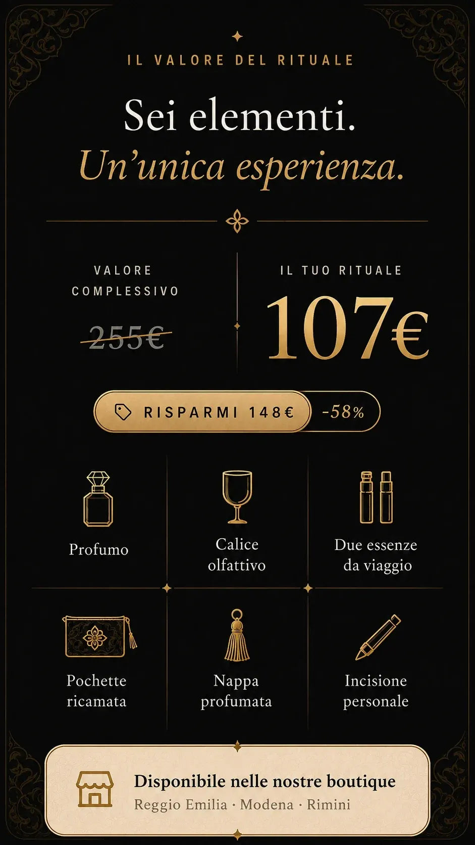 Il valore del Rituale. Sei elementi, un'unica esperienza. Valore complessivo 255€, il tuo Rituale 107€: risparmi 148€, il 58%. Il Rituale comprende profumo, calice olfattivo, due essenze da viaggio, pochette ricamata, nappa profumata e incisione personale. Disponibile anche nelle boutique di Reggio Emilia, Modena e Rimini.